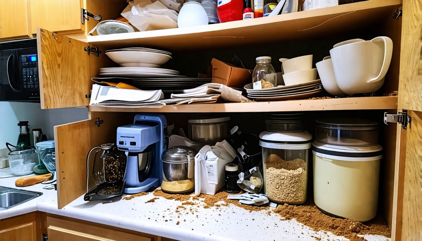 Messy kitchen cabinet shelf with clutter, spill marks, and dust.