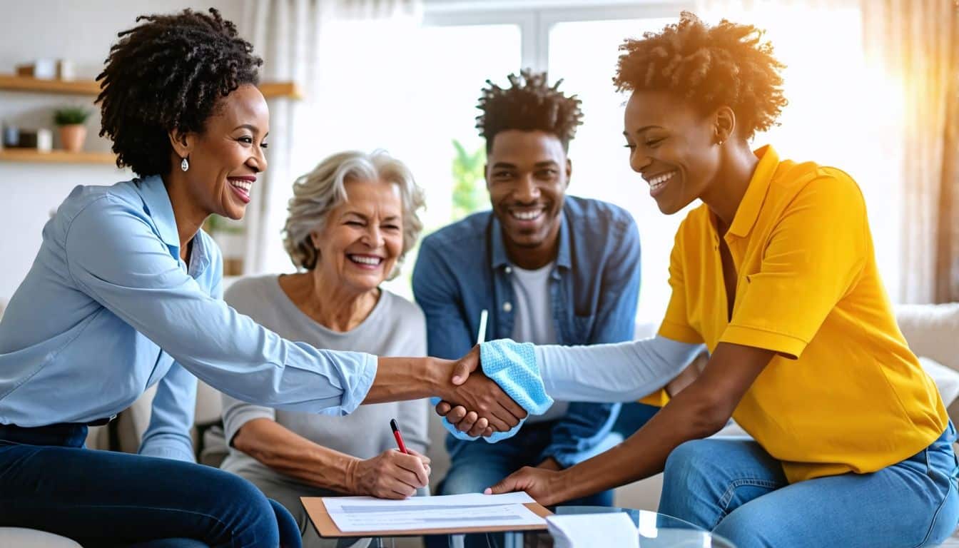 Homeowners and house cleaners sign contract, exchanging handshakes and smiles.