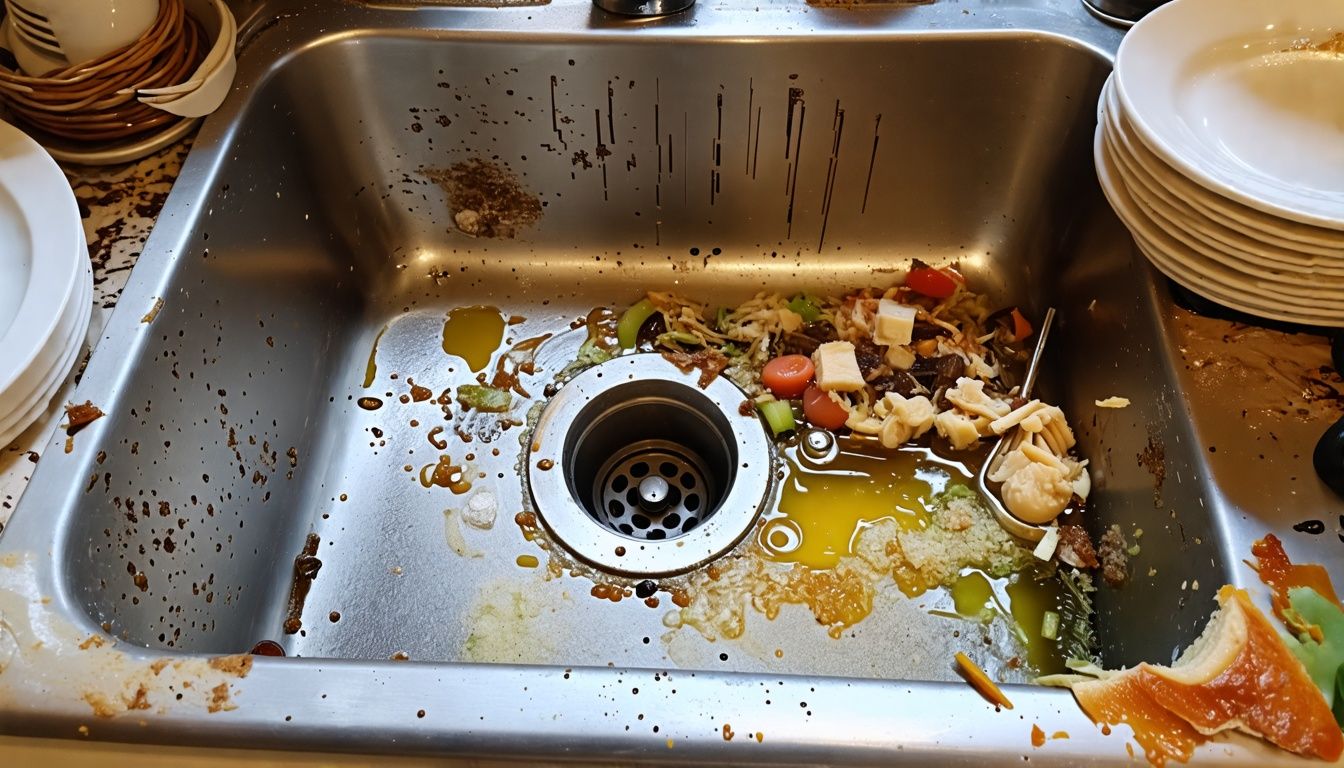 Dirty kitchen sink with leftover food and grime-covered dishes.