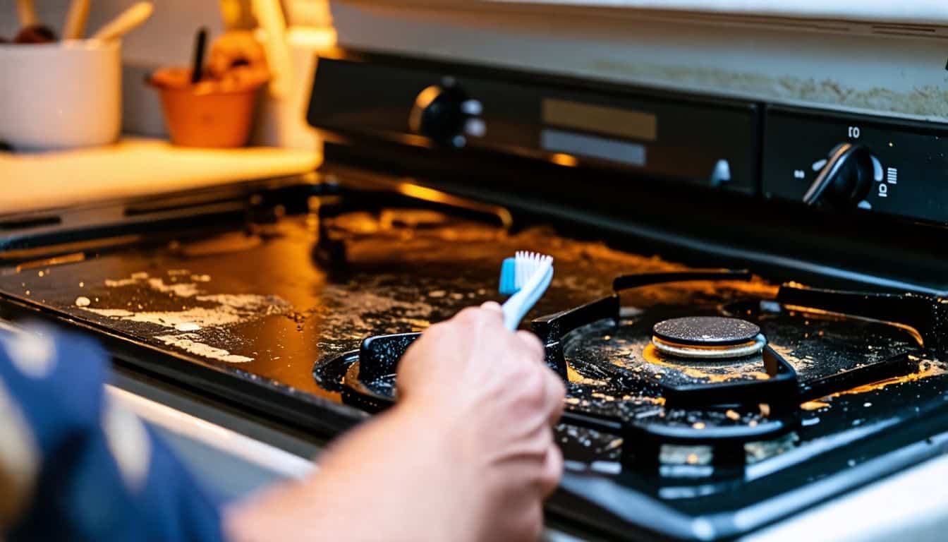 A person using an old toothbrush to clean behind a stove.