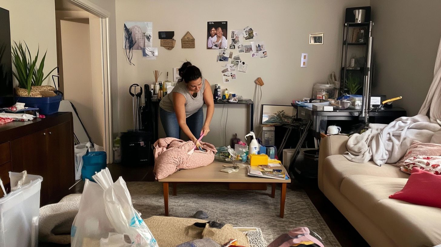 A woman in her 30s struggles to clean a cluttered living room.