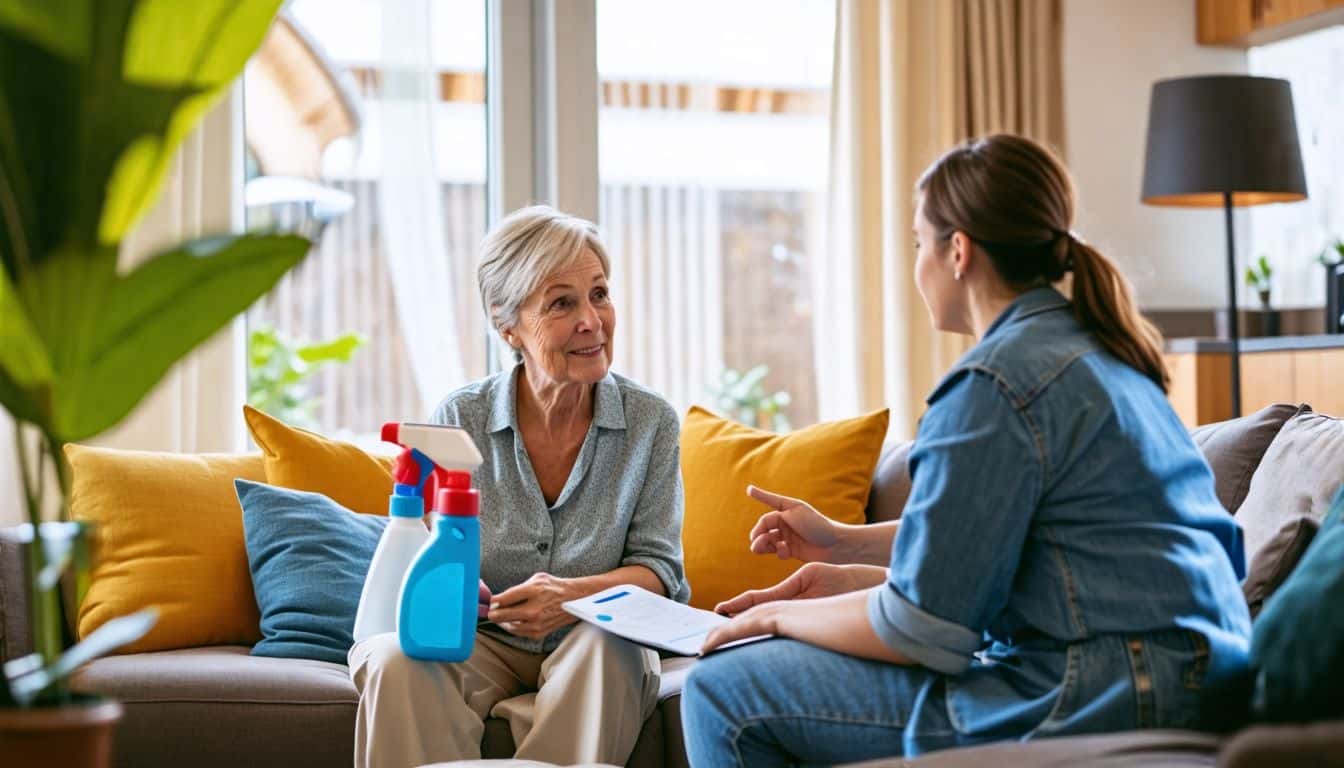 Two women discussing cleaning schedules in a cozy living room.