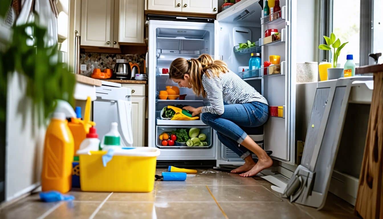 A woman in her 30s cleaning under her messy refrigerator.