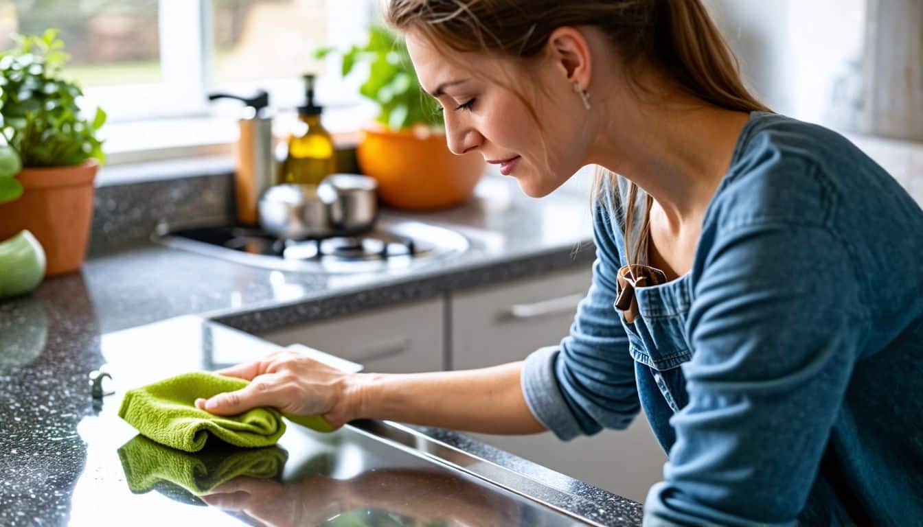 A woman in her 30s cleaning a stovetop with a crumb catcher and olive oil.