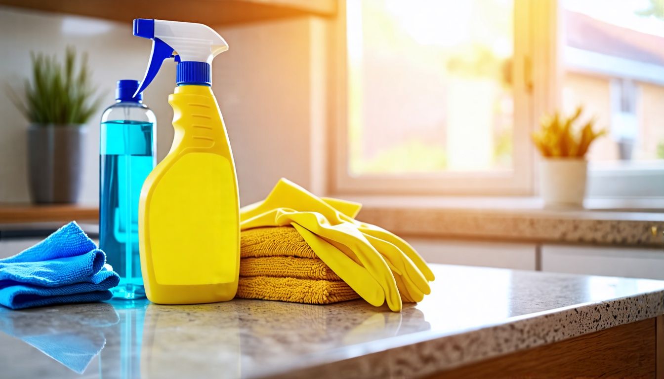 A label with cleaning products on a kitchen counter during COVID-19.