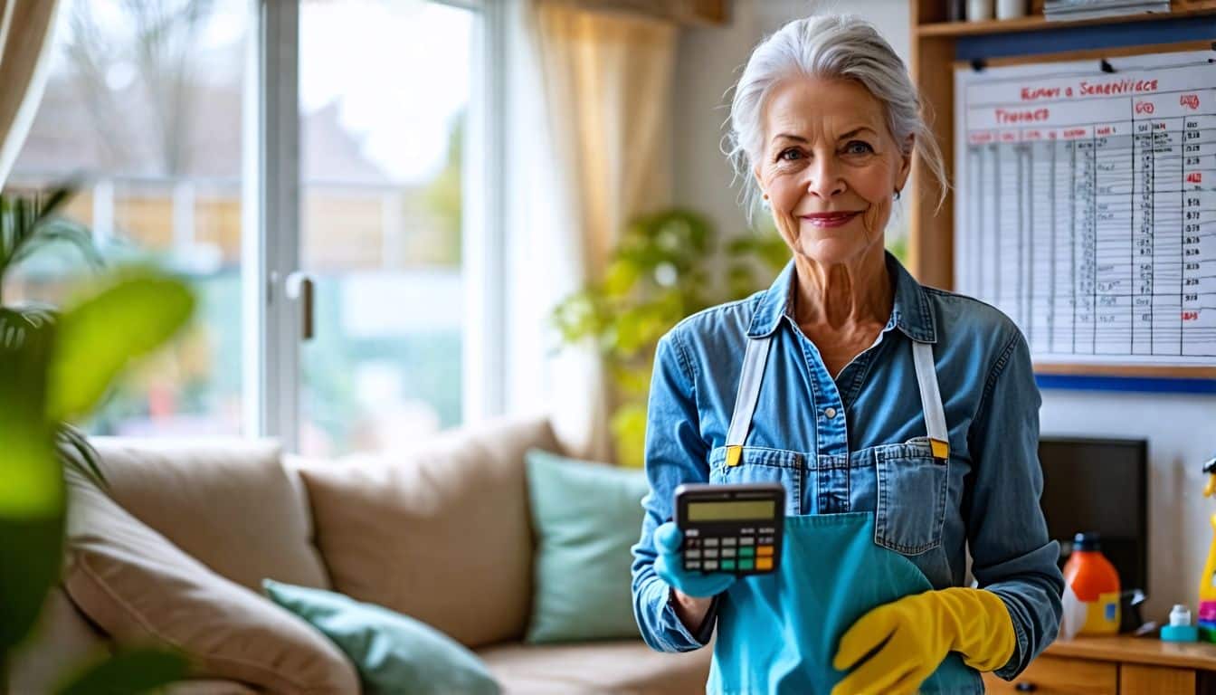 Middle-aged house cleaner in cozy living room with cleaning supplies and prices.