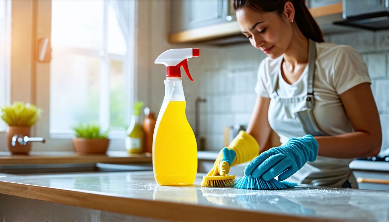 A cleaner in their 30s using eco-friendly products to scrub kitchen counter.