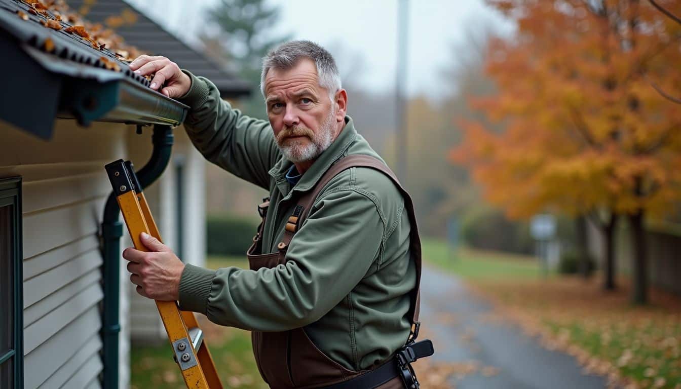 A man in his 40s cleaning gutters while standing on a ladder.