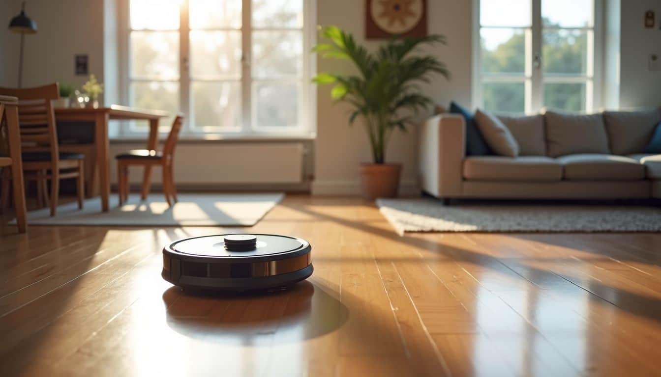 A robot vacuum cleaner cleans a tidy living room with sunlight.