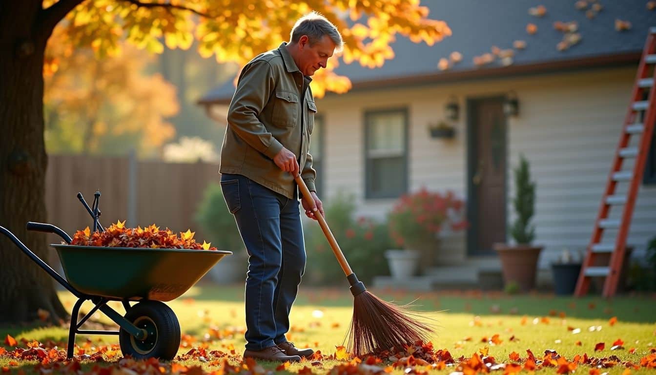 A person in their 30s sweeping leaves in a backyard during fall.