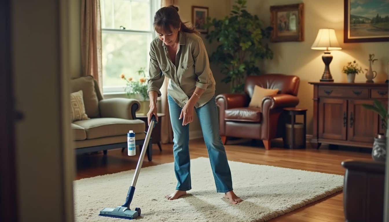 A woman cleaning a plush rug in a cozy living room.