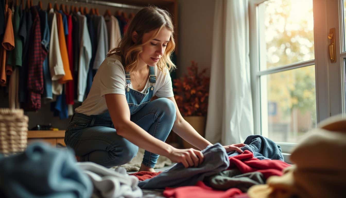 A woman in her 30s organizing her closet for fall.