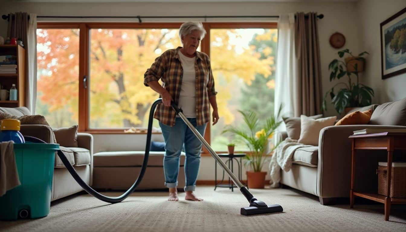 A middle-aged woman is vacuuming a cluttered living room carpet.