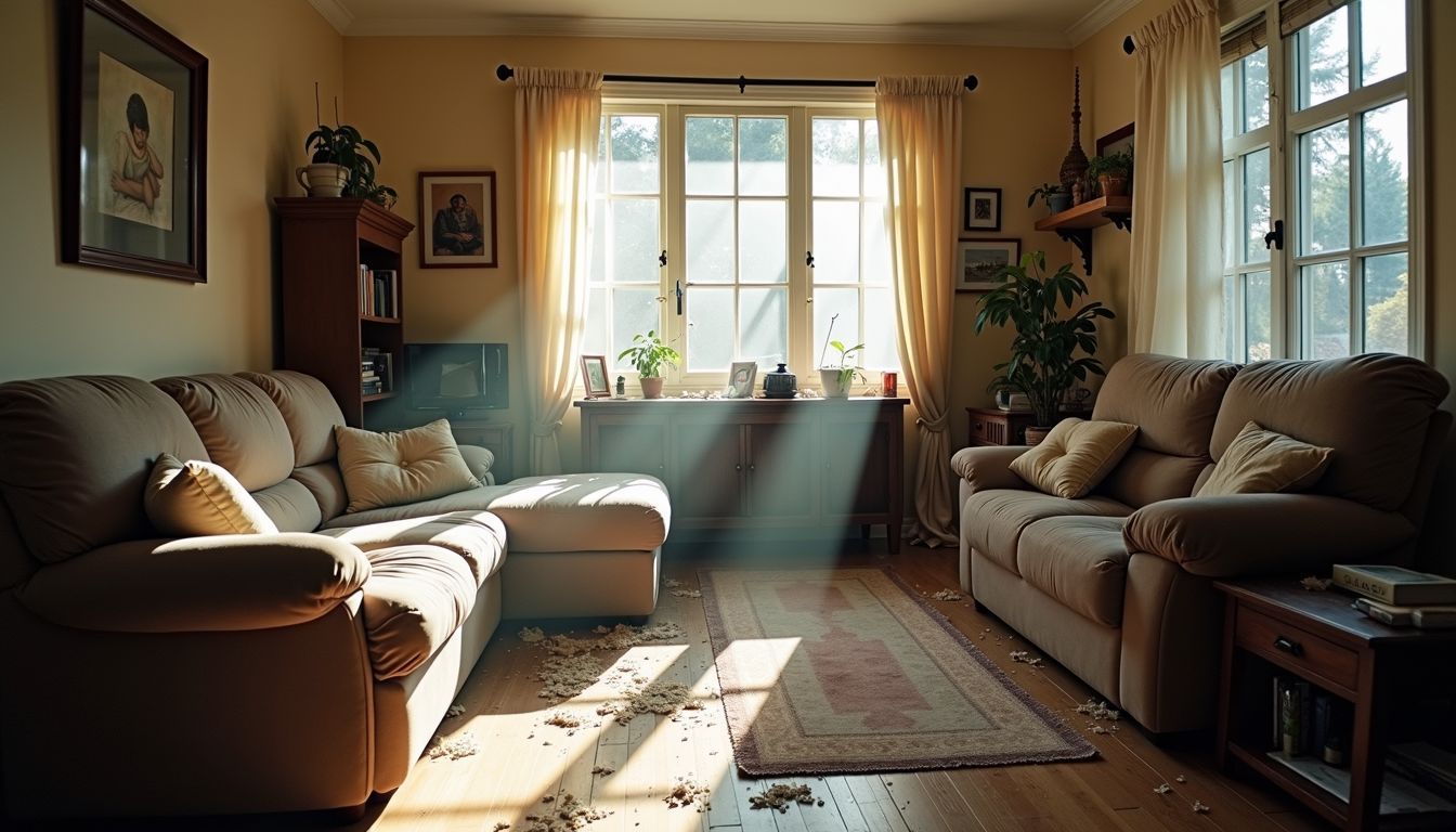 A cluttered living room in need of a thorough cleaning and organization.