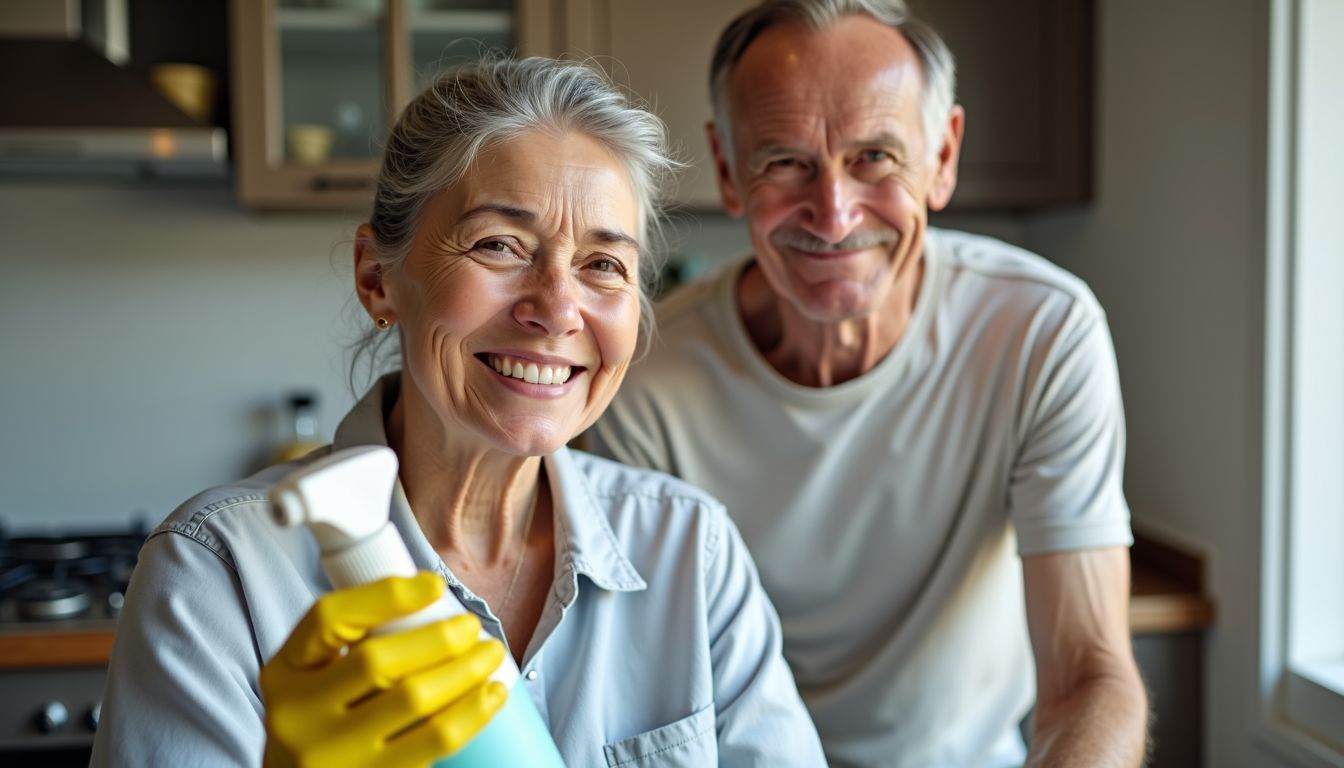 Elderly couple deep cleaning kitchen with eco-friendly products.