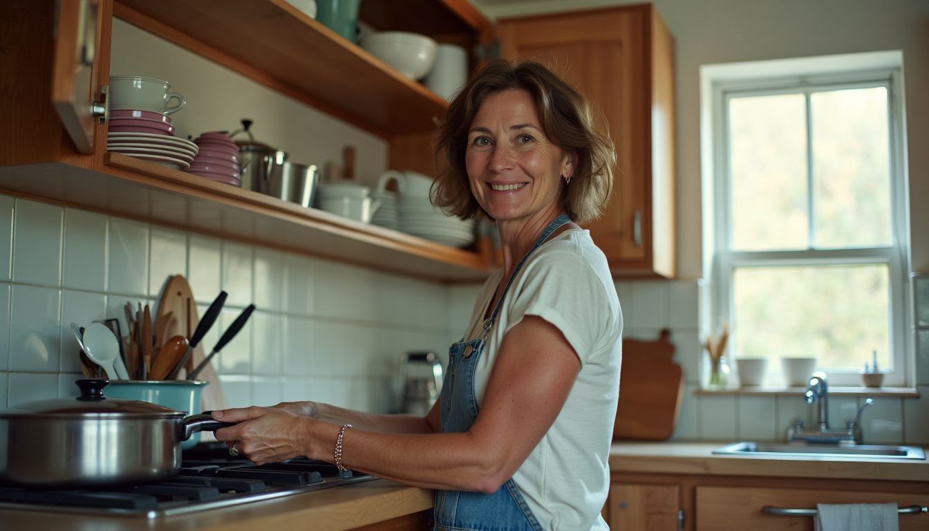 A woman organizes kitchen cabinets during fall cleaning.