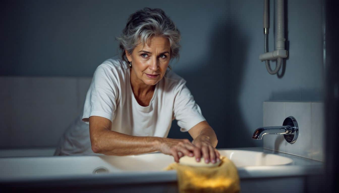 A woman is cleaning her bathtub using a pumice stone.