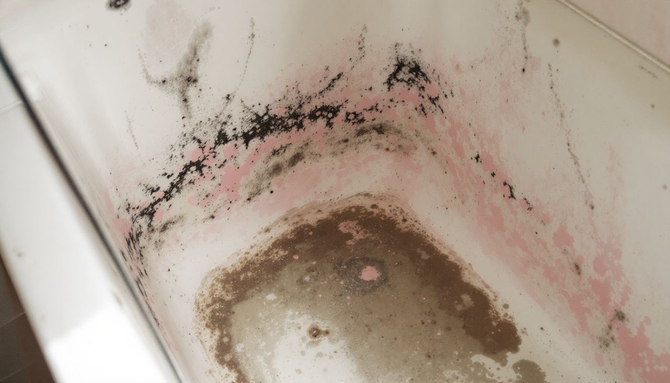 A bathtub with black and pink mold growth.