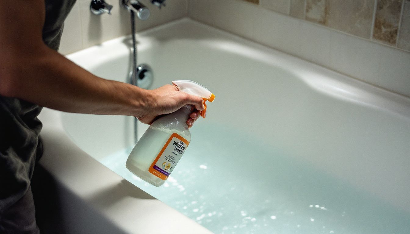 A person cleans bathtub with vinegar and dish soap for sparkling results.