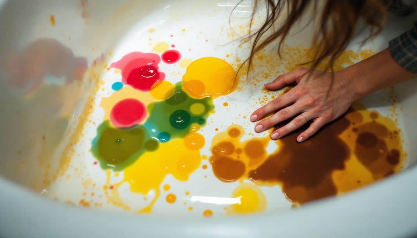 A woman in her 30s inspects colorful stains in a bathtub.