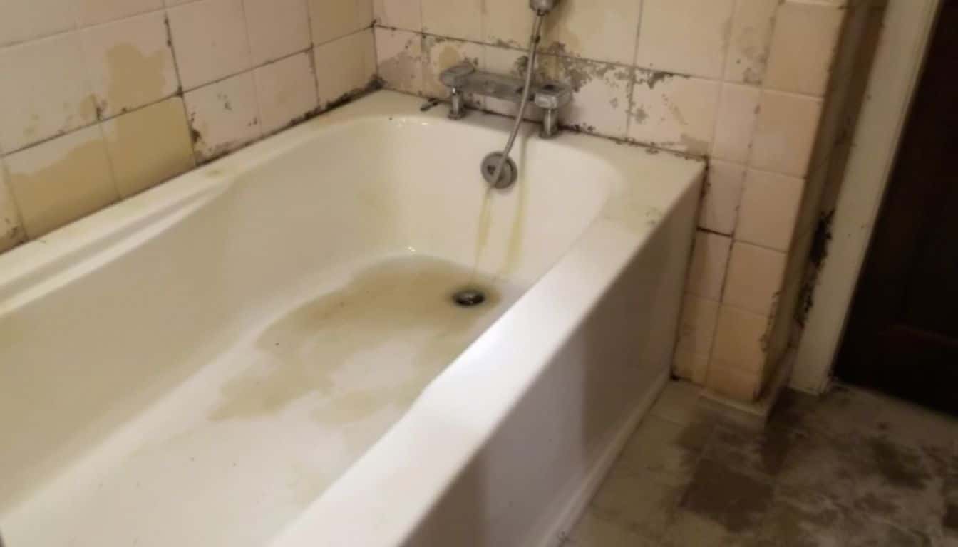 The dirty bathtub and moldy bathroom need cleaning and maintenance.