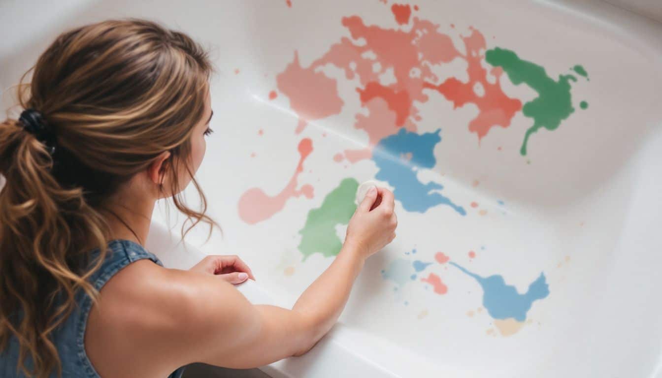 A woman cleans mineral stains in a bathtub with vinegar and baking soda.