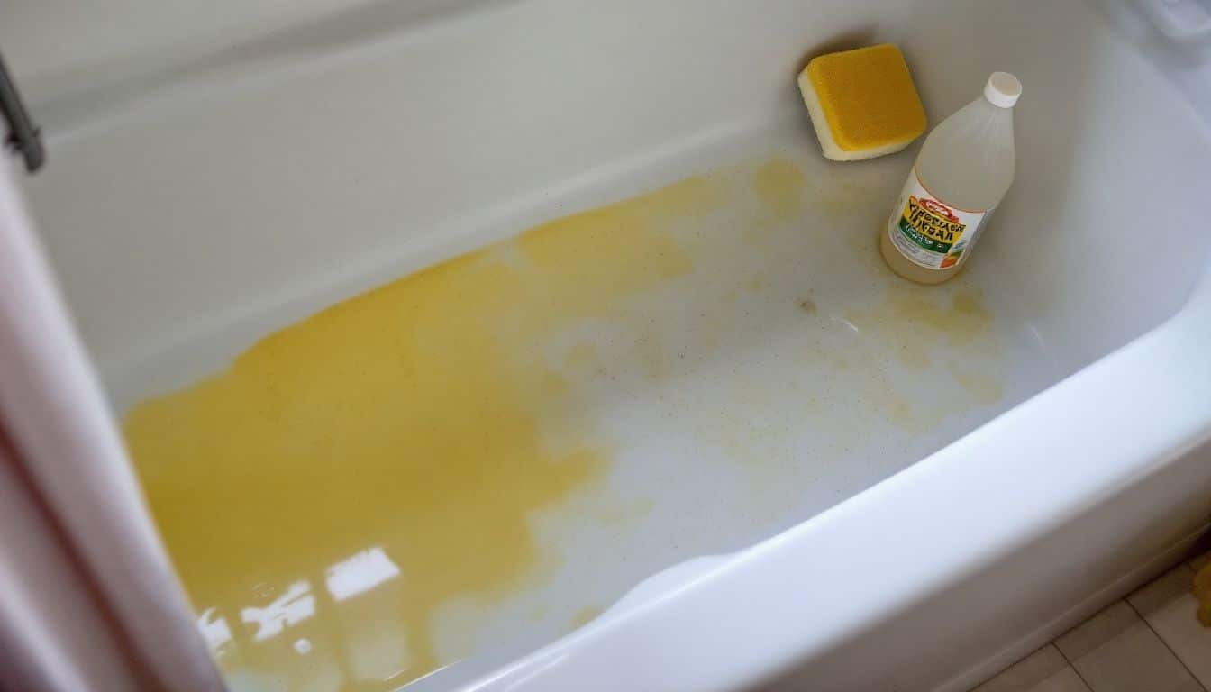 A bathtub with hard water stains and cleaning supplies nearby.