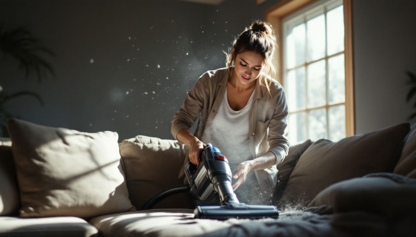 A woman in her 30s vacuuming pet hair from a living room sofa.