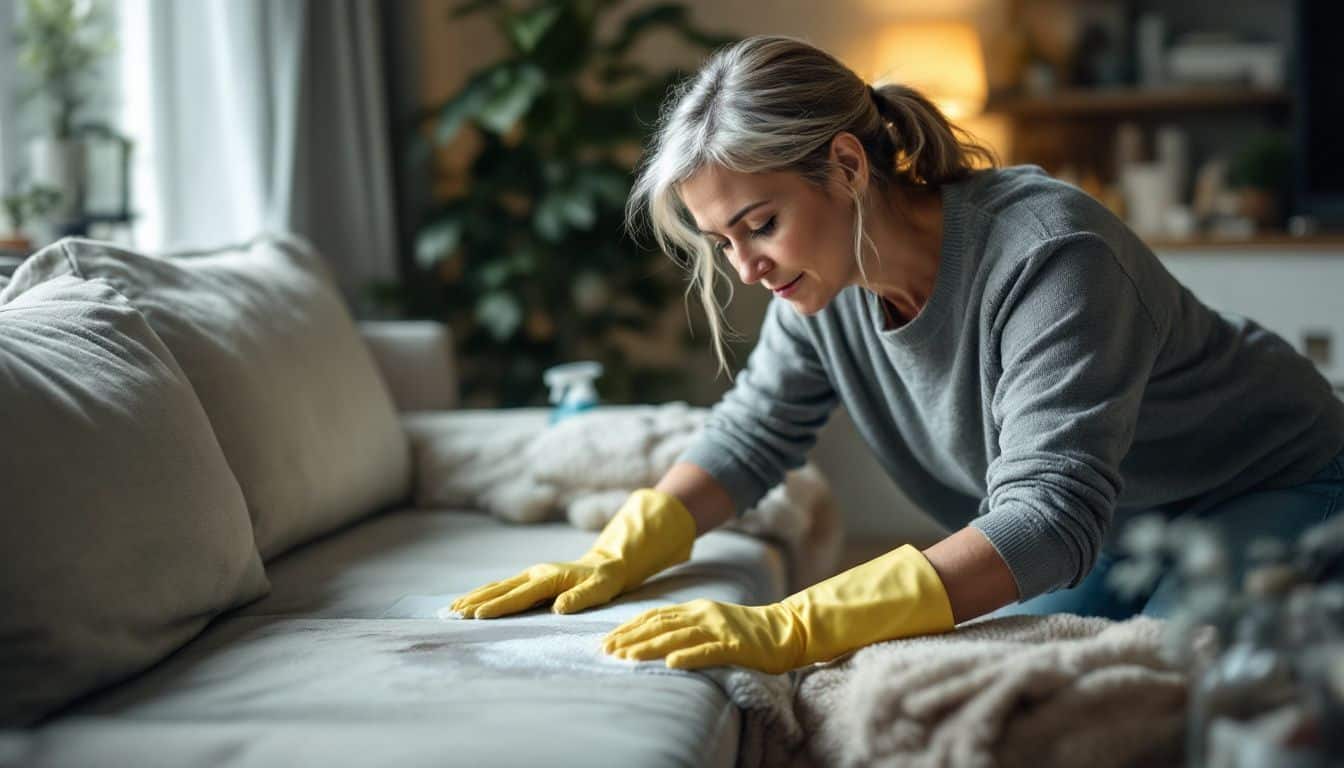 A woman cleans a stained sofa in a cozy home setting.