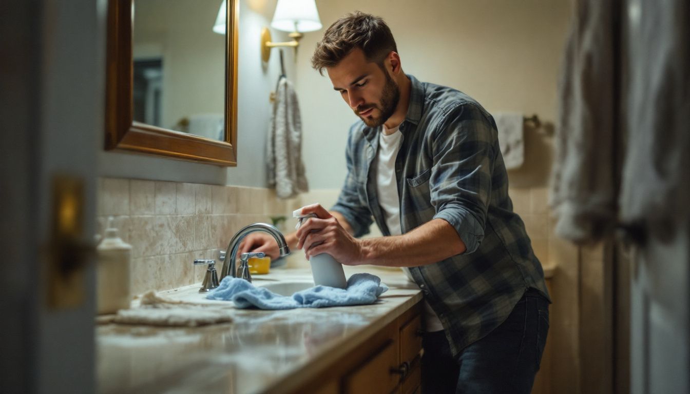 A father casually cleans a large bathroom using microfiber cloths.