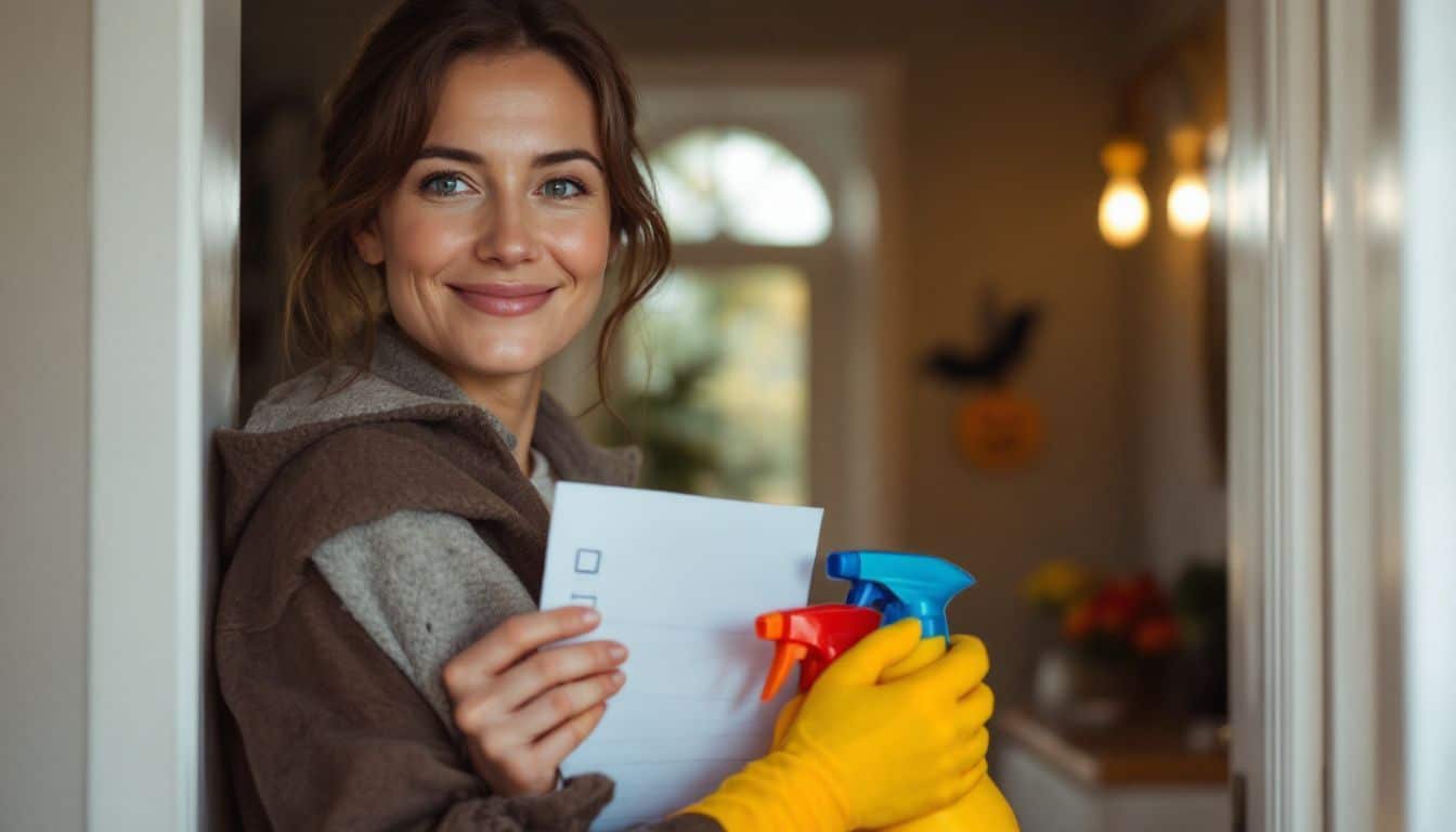 A woman in her 30s holding a checklist and cleaning supplies.