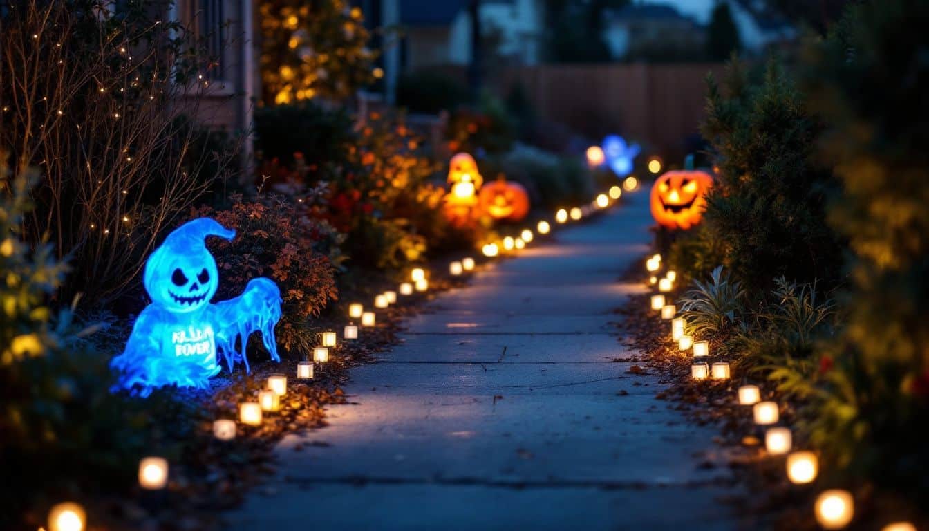 The well-lit Halloween-decorated pathway in a tidy yard creates a spooky atmosphere.