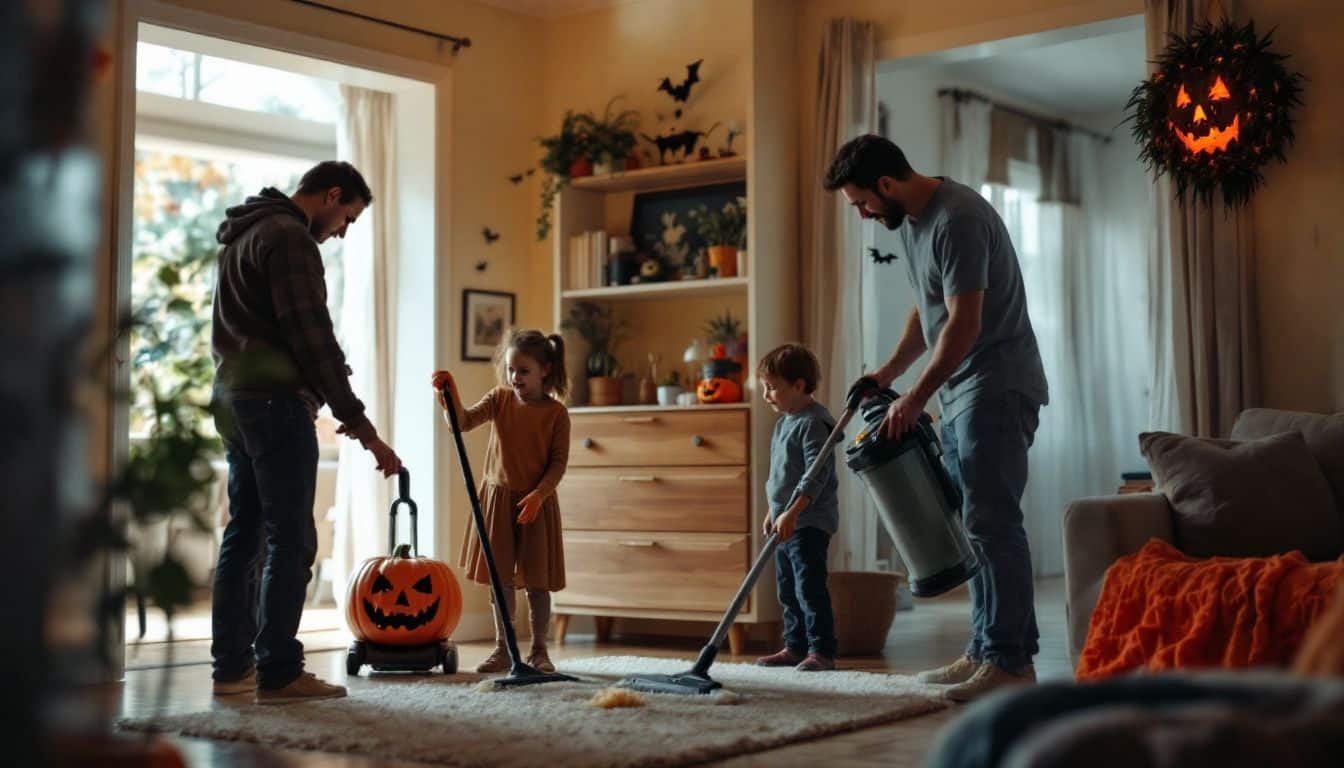 A family of four prepares their home for Halloween together.