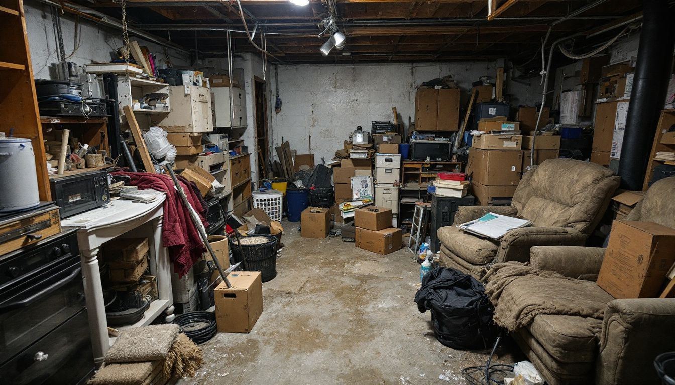 A cluttered basement filled with dusty items and old furniture.