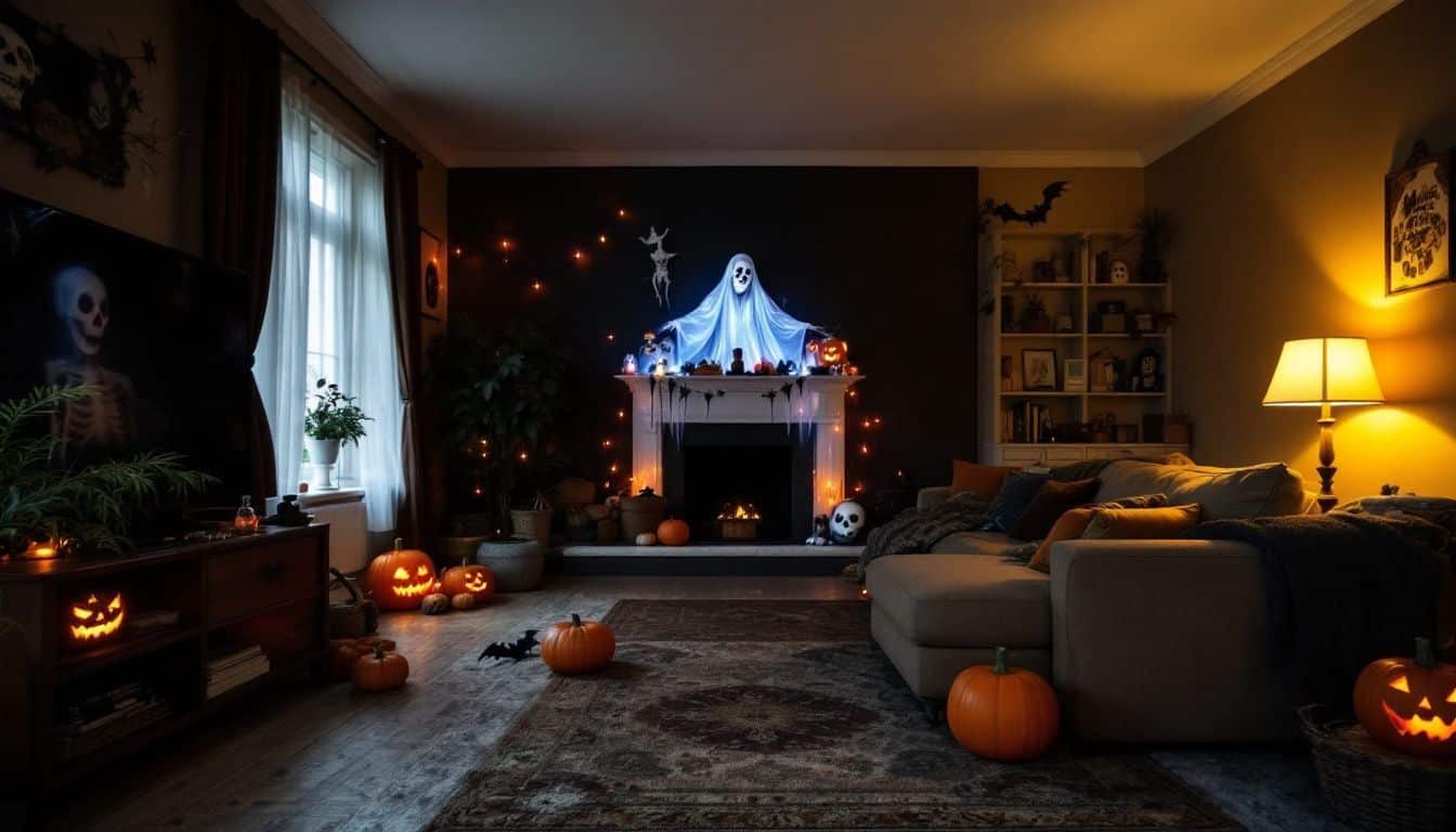 A Halloween-decorated living room with flame-resistant decorations and clear pathways.