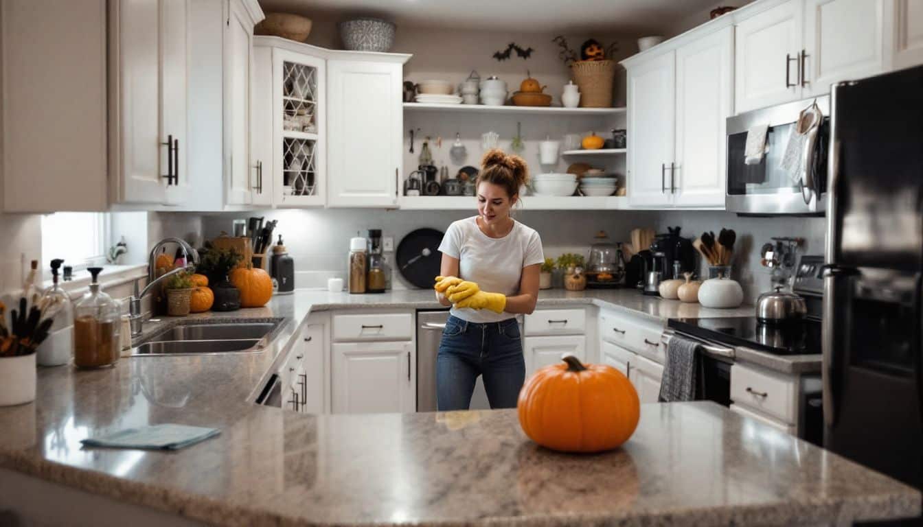 A tidy, organized kitchen during Halloween deep cleaning.