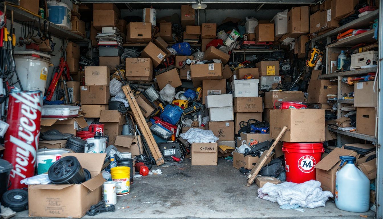 A cluttered garage filled with old boxes and tools.