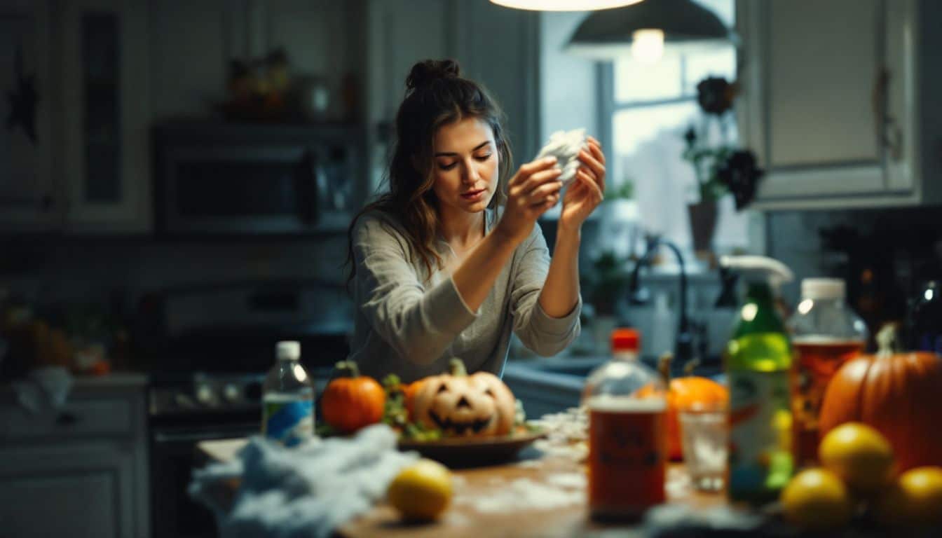 A woman in casual attire cleans up with natural cleaning products after a Halloween party.