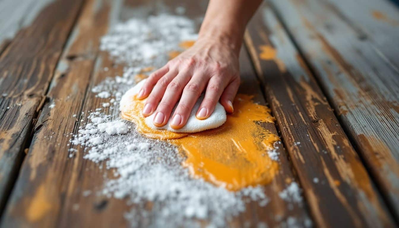 A person removes pumpkin stain from a porch with soapy water.