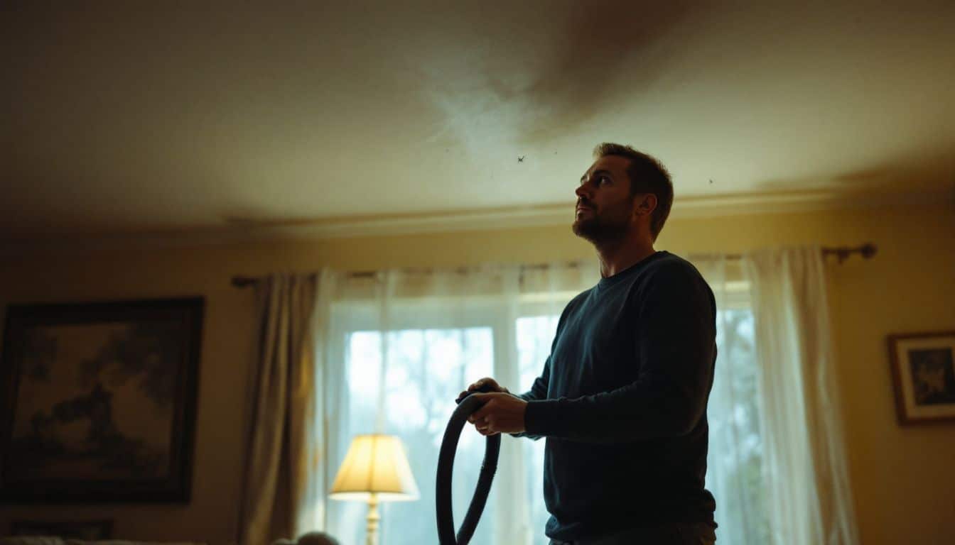 A person vacuuming spiderwebs from a dimly lit living room.