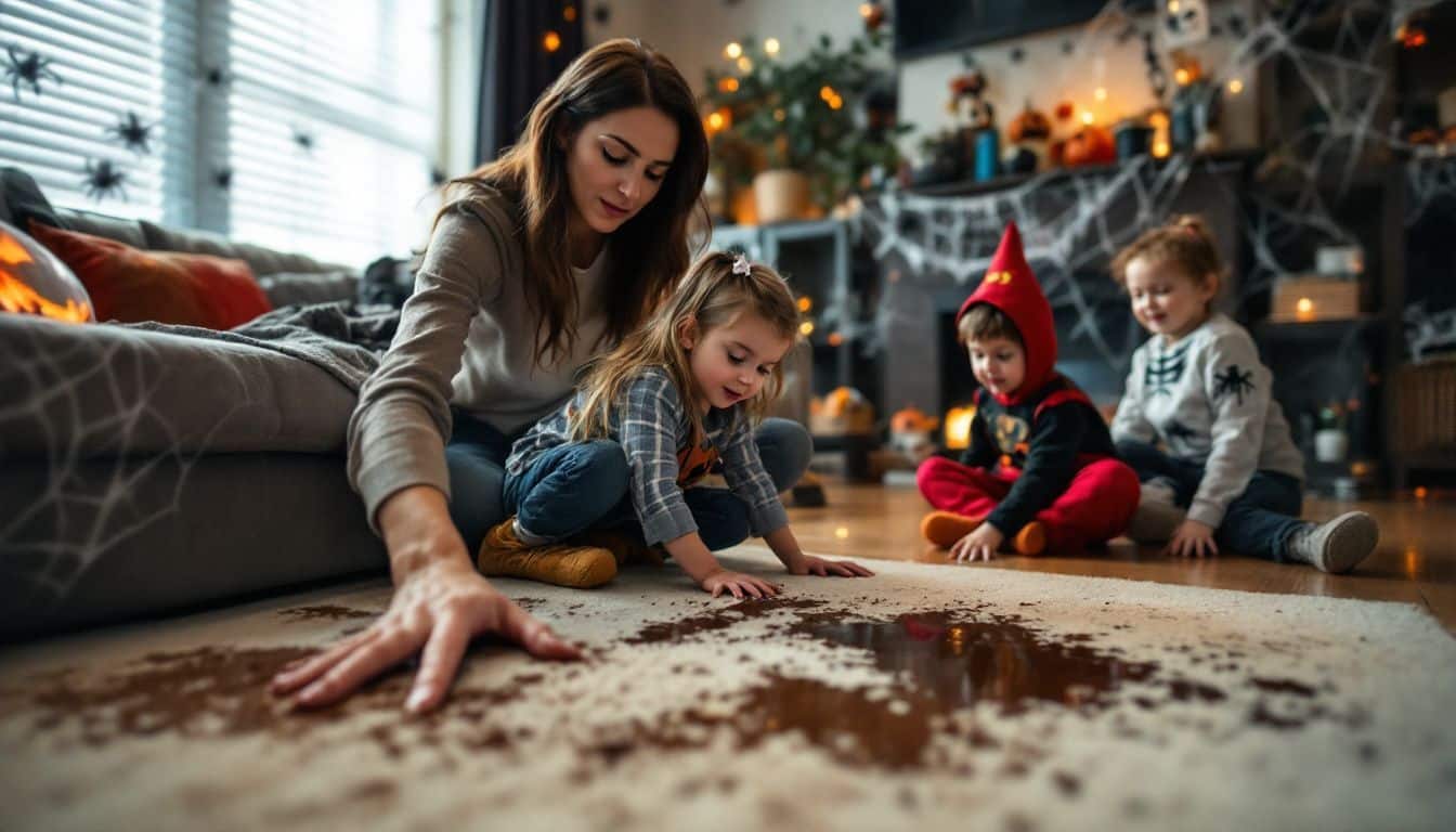 A woman cleans a chocolate-stained carpet as her children play in Halloween costumes.