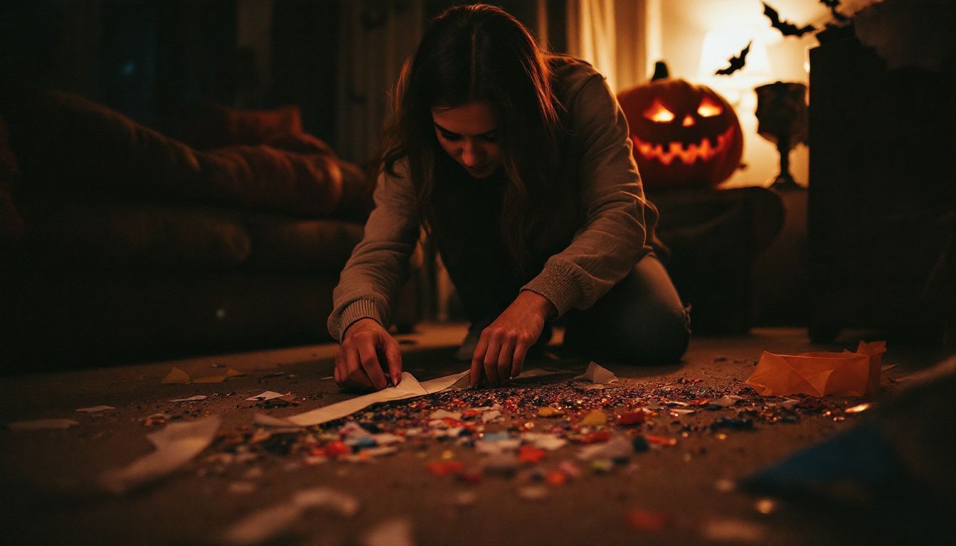 A person cleans up Halloween party mess with sticky tape.