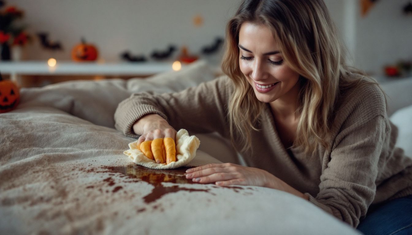 A woman cleaning a chocolate stain on a couch with Halloween decorations.