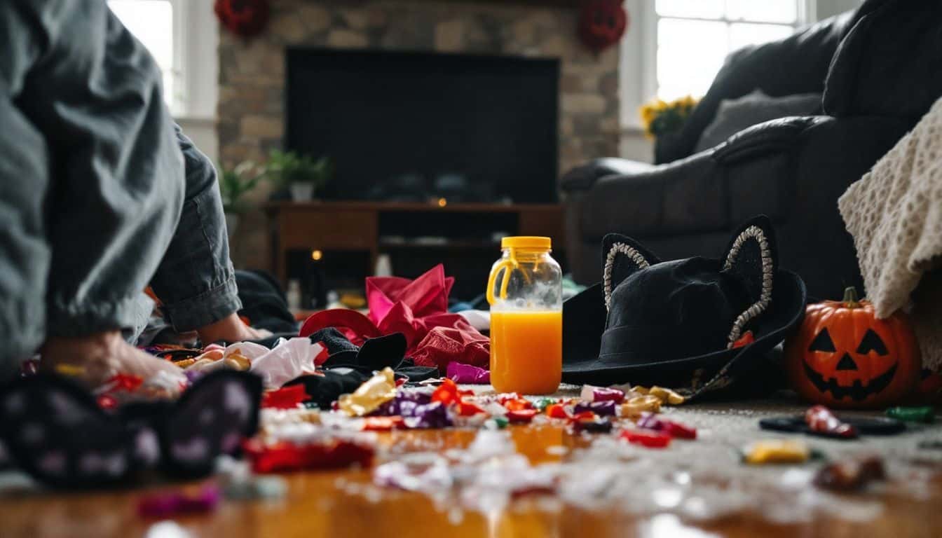 A messy living room after a Halloween party with scattered props and candy wrappers.