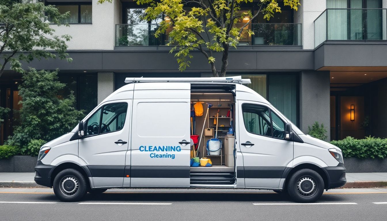 A cleaning service van parked outside an upscale apartment building.