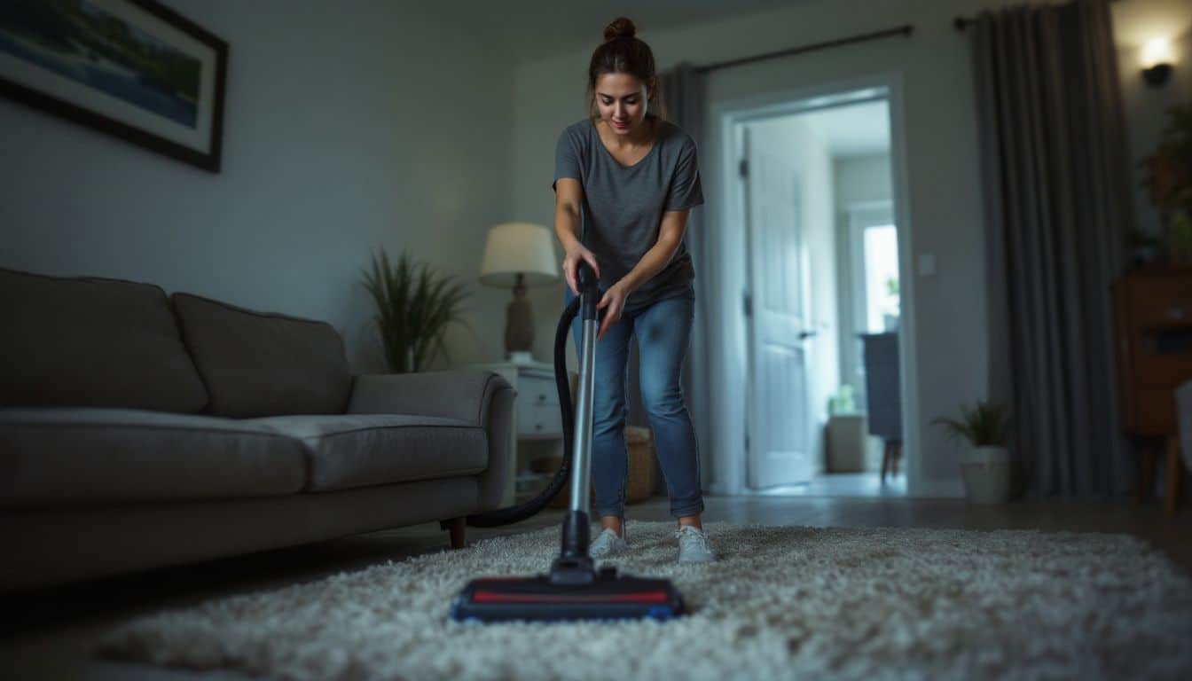 A woman in her 30s is vacuuming a living room carpet.