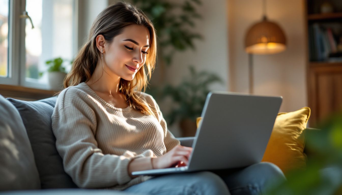 A woman in her 30s booking cleaning services online using a laptop.