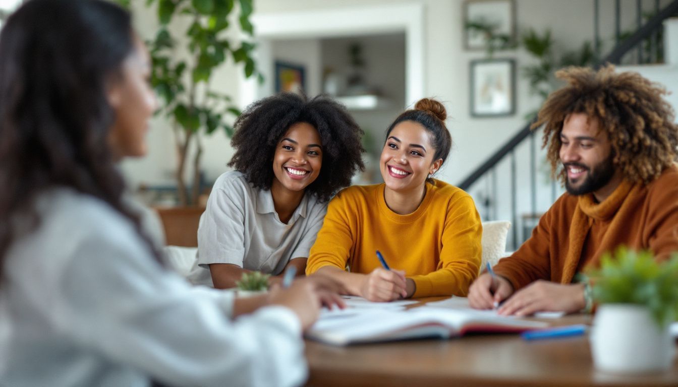 A team of cleaning professionals training in a cozy living room.