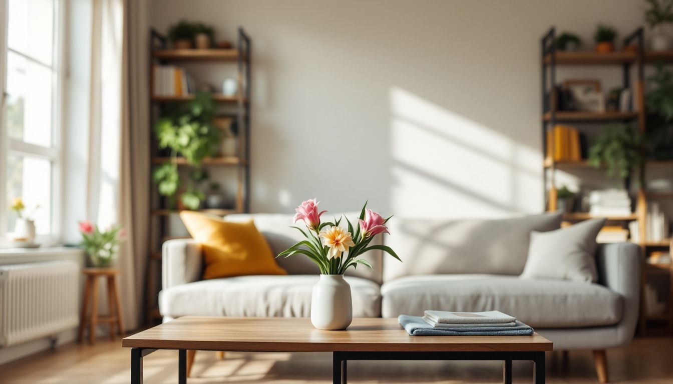 A cozy living room with tidy bookshelf, comfortable furniture, and fresh flowers.