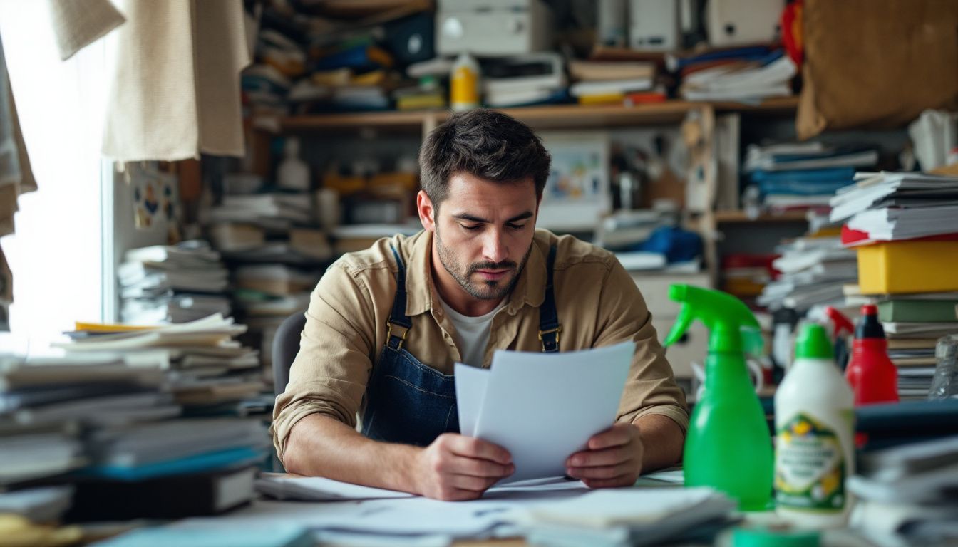 A house cleaner checks licenses and bonds in cluttered office.